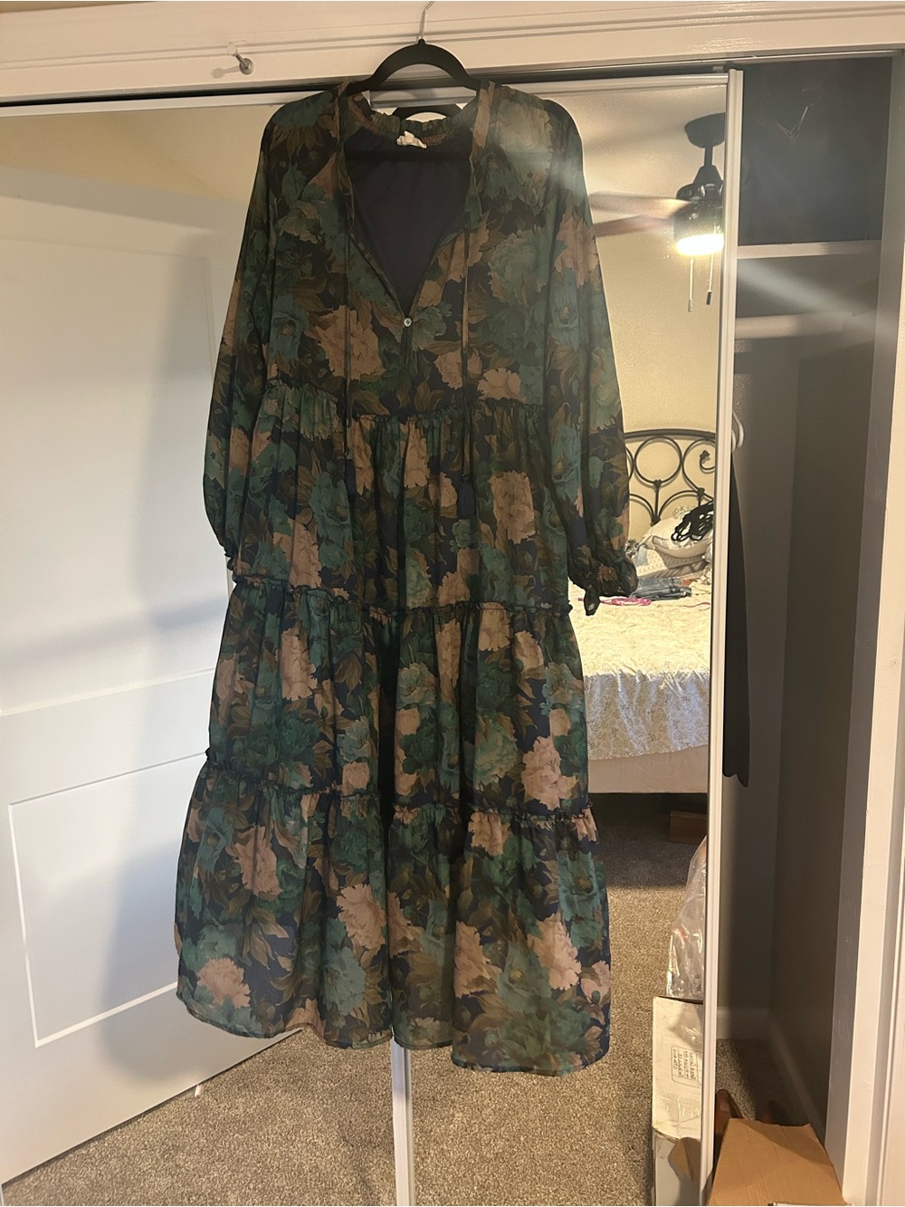 Pinkblush: Navy Floral Chiffon Ruffle Tiered Maternity Midi Dress